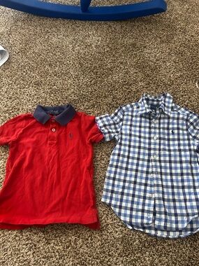 Ralph Lauren Kids Red Polo with Navy Collar & Blue Gingham Button Shirt